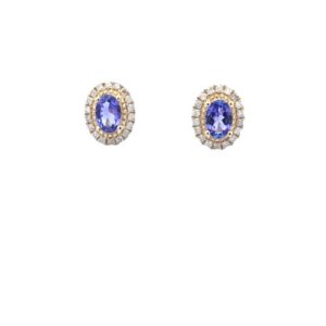 Pair of 10K Yellow Gold Stud Style Earrings w/ Oval Tanzanites & Diamond Halo