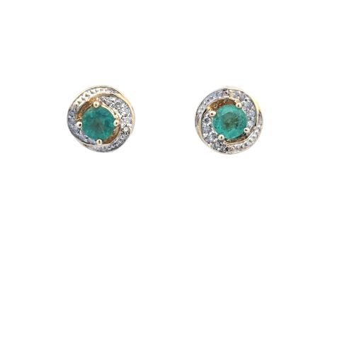 Pair of 14K Yellow Gold Stud Style Earrings w/ Round Emeralds & Diamond Halo