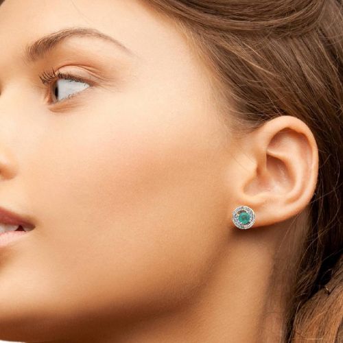 Pair of 14K Yellow Gold Stud Style Earrings w/ Round Emeralds & Diamond Halo - Image 2