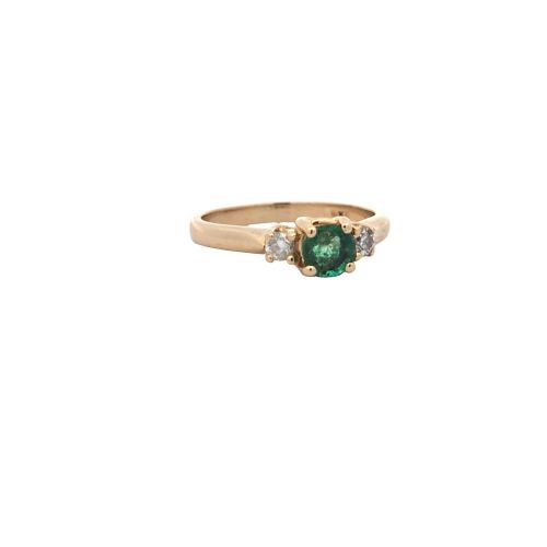 14K Yellow Gold Round Emerald Centre & 2 RBC Diamond Ring - Image 4