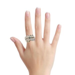 14K Yellow Gold Teal & White Diamond Tapered Wide Band