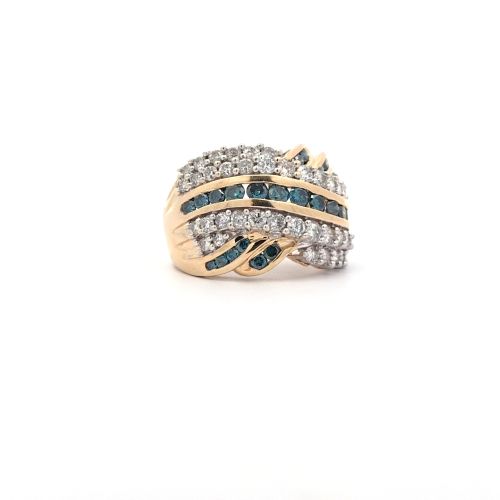 14K Yellow Gold Teal & White Diamond Tapered Wide Band - Image 3