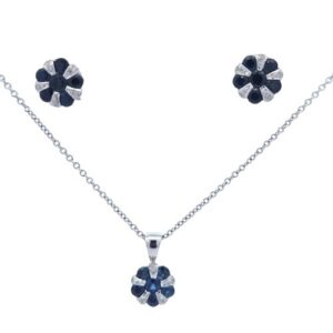 14K White Gold Round Sapphire & Diamond Necklace & Matching Earrings