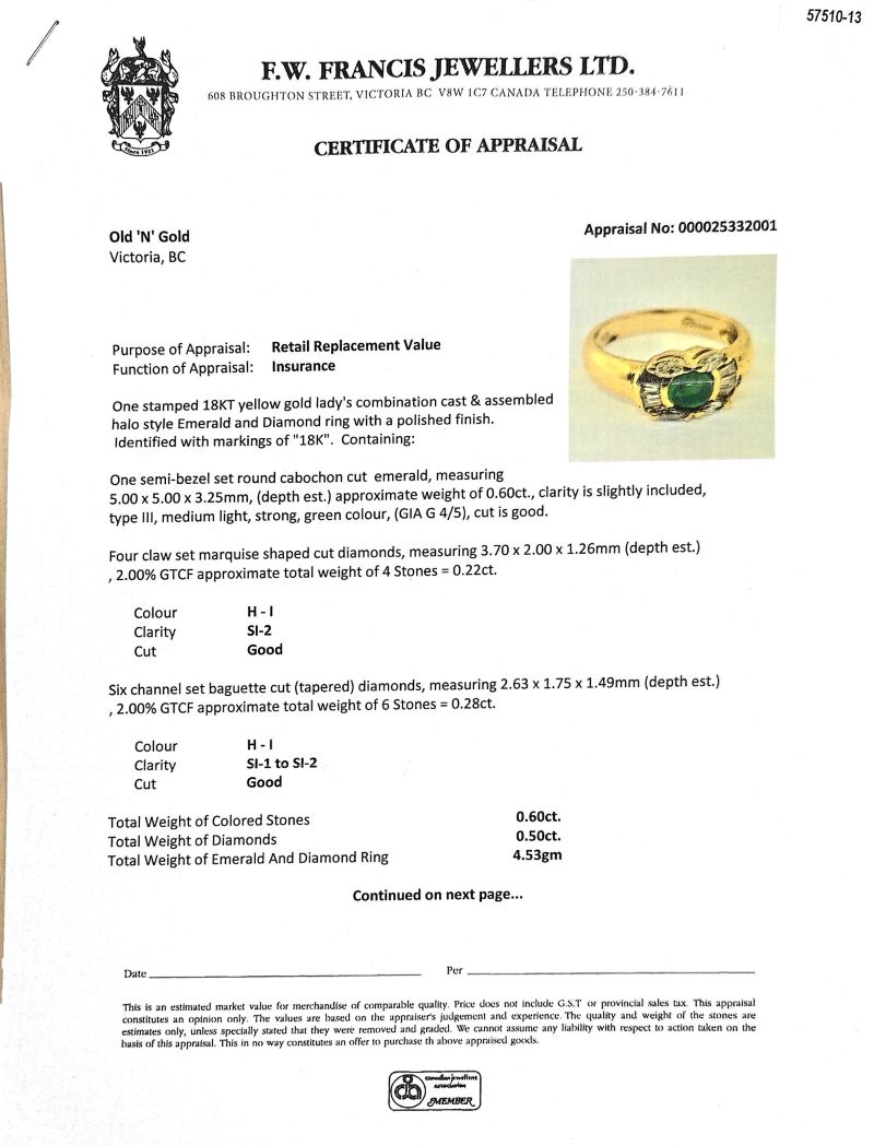 18K Yellow Gold Ring w/ .60CT Cabochon Emerald, Marquise & Baguette Cut Diamonds - Image 4