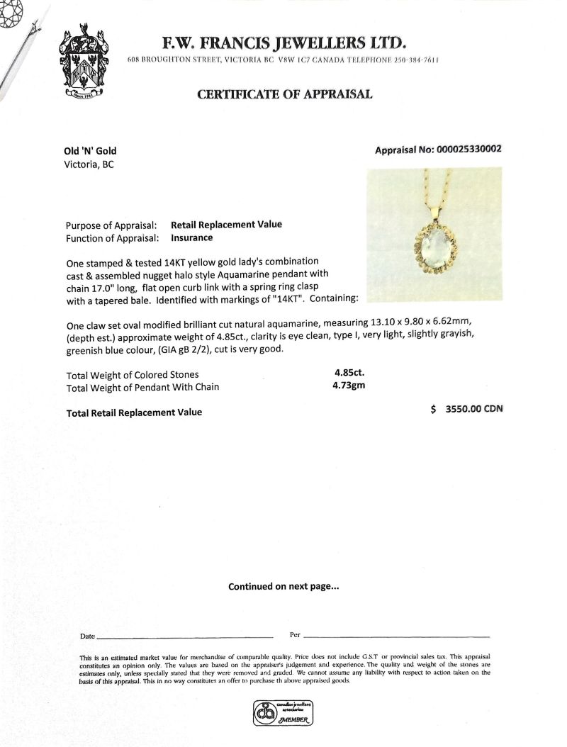 14K Yellow Gold Oval Aquamarine Nugget Halo Necklace & Matching Stud Earrings - Image 6