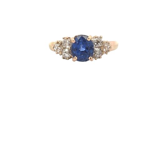 14K Yellow Gold 2.61CT Blue Sapphire & 6 OEC Diamond Ring
