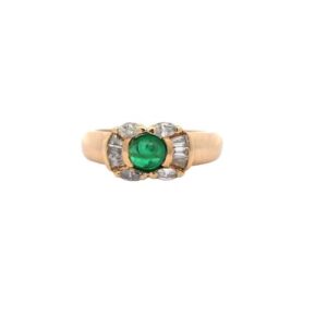 18K Yellow Gold Ring w/ .60CT Cabochon Emerald, Marquise & Baguette Cut Diamonds