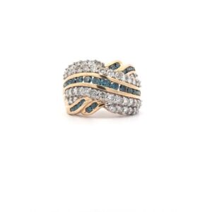 14K Yellow Gold Teal & White Diamond Tapered Wide Band
