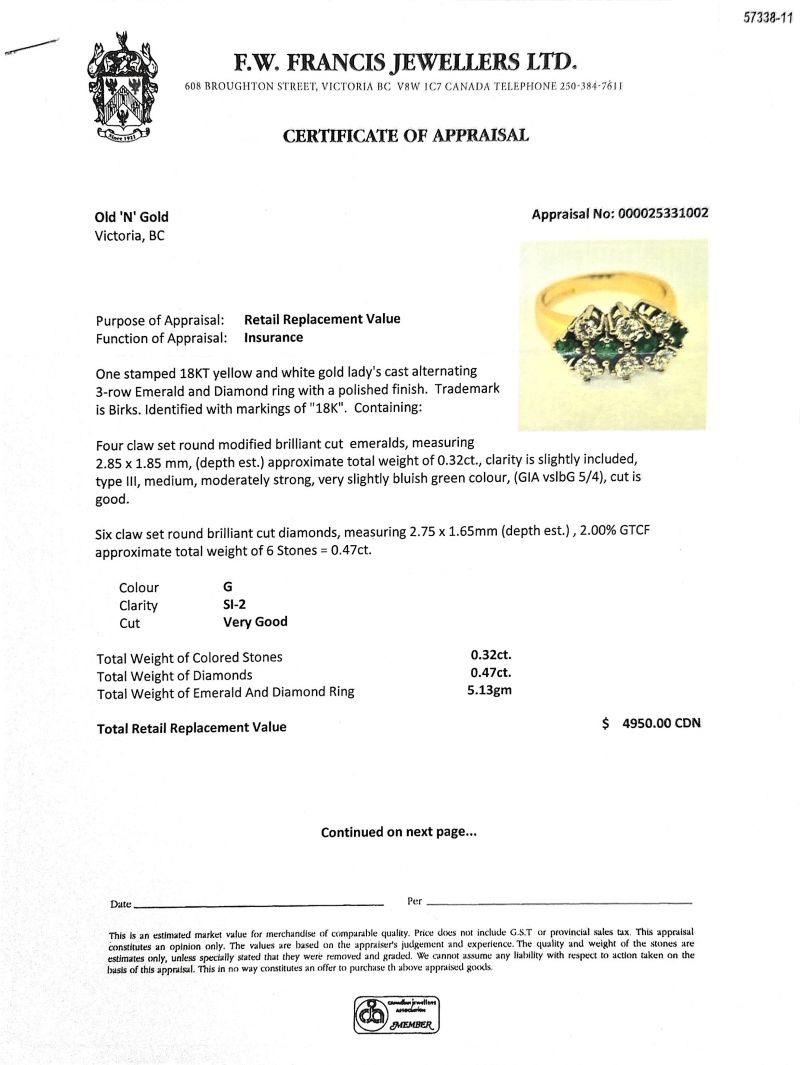 BIRKS 18K Yellow & White Gold Ring w/ 4 Round Emeralds & 6 RBC Diamonds - Image 5