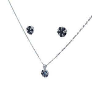 14K White Gold Round Sapphire & Diamond Necklace & Matching Earrings