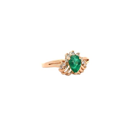 14K Yellow Gold Pear Cut Emerald 9 Diamond Accent Ring - Image 4
