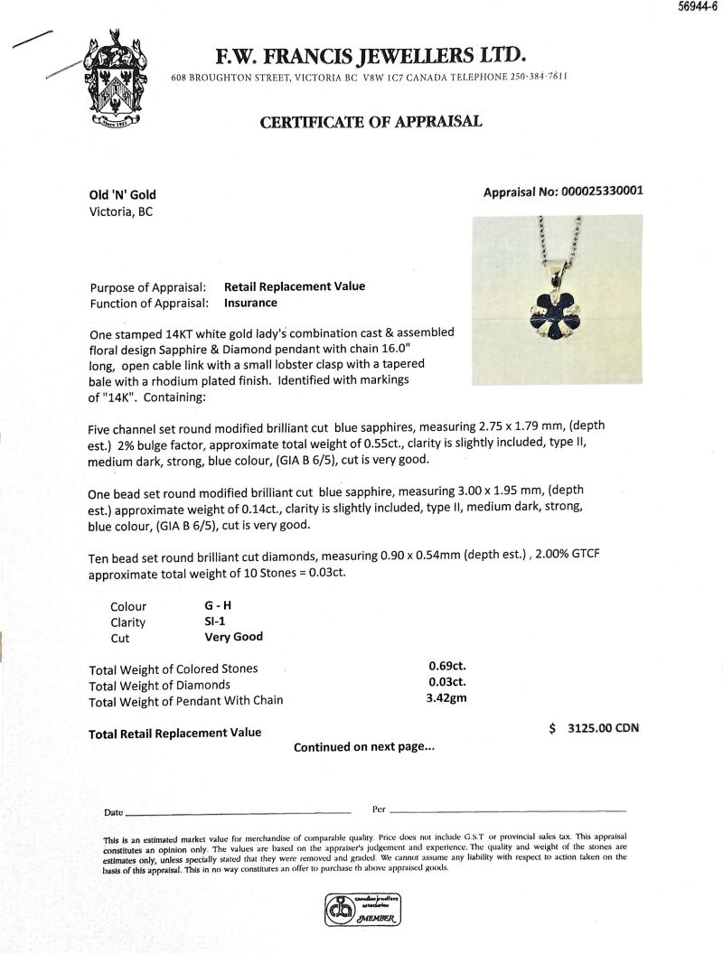 14K White Gold Round Sapphire & Diamond Necklace & Matching Earrings - Image 5