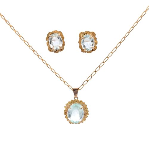 14K Yellow Gold Oval Aquamarine Nugget Halo Necklace & Matching Stud Earrings
