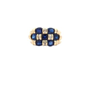 18K Yellow Gold Ring w/ 7 Oval Sapphires & 8 Diamond Accents