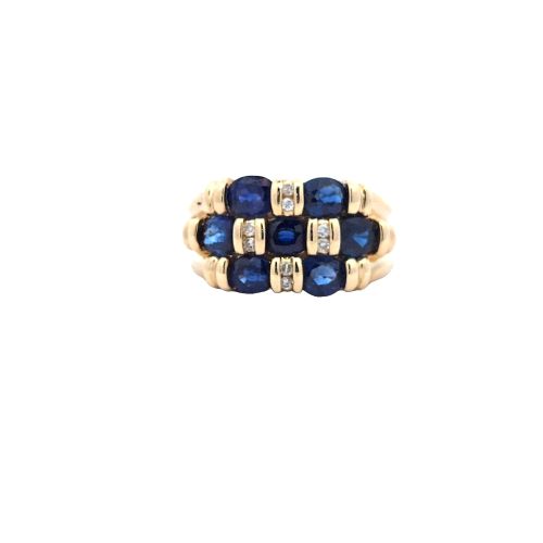 18K Yellow Gold Ring w/ 7 Oval Sapphires & 8 Diamond Accents