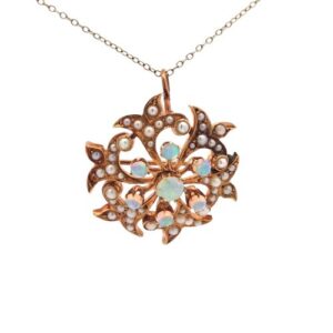 Vintage 14K Yellow Gold 7 Opal & Seed Pearl Brooch/Pendant