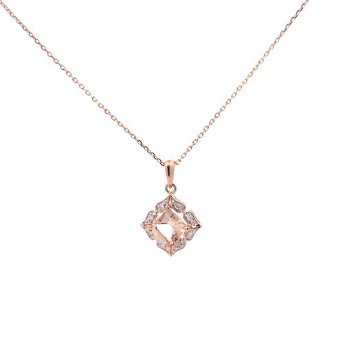14K Rose Gold Floral Morganite Pendant w/ Diamond Frame on Extendable Chain