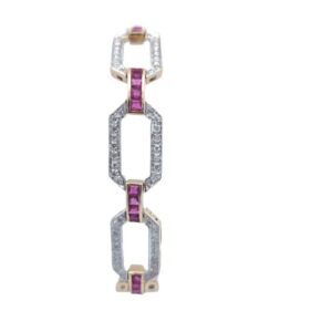 14K Yellow & White Gold 32 Square Cut Ruby & 144 RBC Diamond Open Loop Bracelet w/ Safety Chain