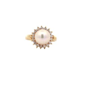18K Yellow Gold 8.9mm Pearl Centre 17 RBC Diamond Halo Ring