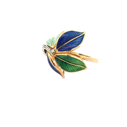 18K Yellow Gold Floral Enamel Ring w/ 4 Diamond Accents - Image 3