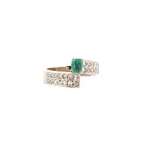 18K White Gold Ring w/ Emerald Cut Emerald & 30 Diamonds