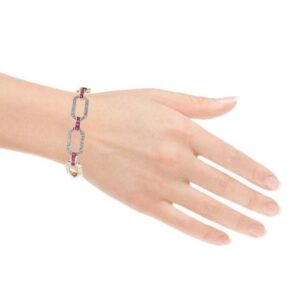 14K Yellow & White Gold 32 Square Cut Ruby & 144 RBC Diamond Open Loop Bracelet w/ Safety Chain