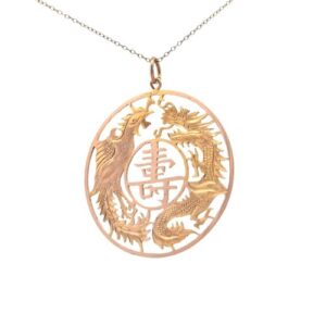 14K Yellow Gold 42mm “Long Life” Double Dragon Circle Pendant