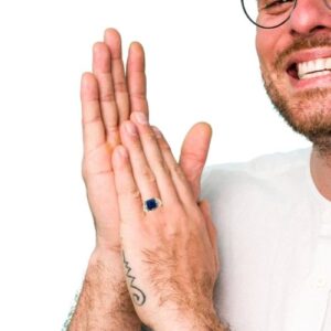 10K Yellow Gold 10mm Synthetic Blue Star Sapphire 4 Diamond Accent Signet Style Ring