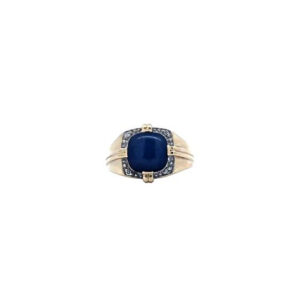 10K Yellow Gold 10mm Synthetic Blue Star Sapphire 4 Diamond Accent Signet Style Ring