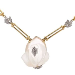 14K Yellow Gold 18 Diamond Accented Carved White Quartz Crystal Floral Necklace