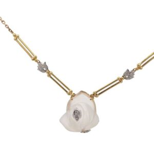 14K Yellow Gold 18 Diamond Accented Carved White Quartz Crystal Floral Necklace
