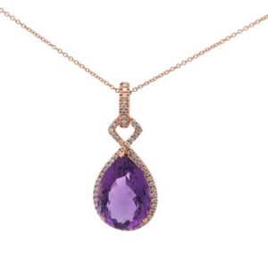 14K Rose Gold 9.22CT Pear Cut Amethyst 82 RBC Diamond Halo Pendant on Adjustable Length Chain