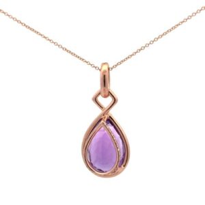 14K Rose Gold 9.22CT Pear Cut Amethyst 82 RBC Diamond Halo Pendant on Adjustable Length Chain