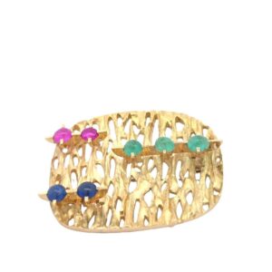 18K Yellow Gold Cavelti Brooch w/ Cabochon Emerald, Ruby & Sapphire